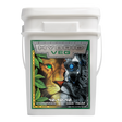 A white plastic bucket of Hydroponics Solutions Hybrid Veg fertilizer with a large front label showing a lion and a robotic face, on a white background.
