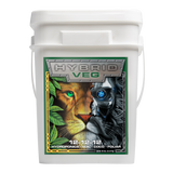 A white plastic bucket of Hydroponics Solutions Hybrid Veg fertilizer with a large front label showing a lion and a robotic face, on a white background.