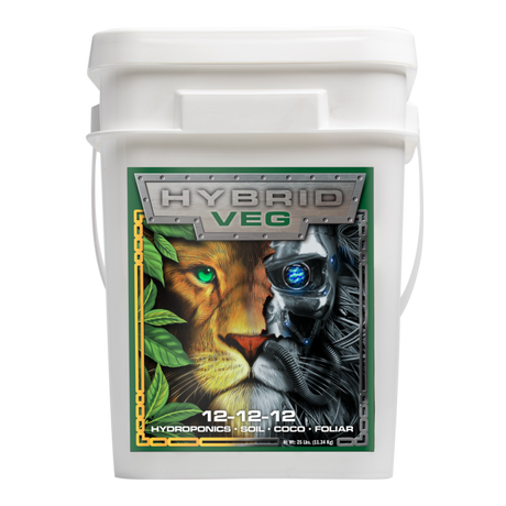 A white plastic bucket of Hydroponics Solutions Hybrid Veg fertilizer with a large front label showing a lion and a robotic face, on a white background.