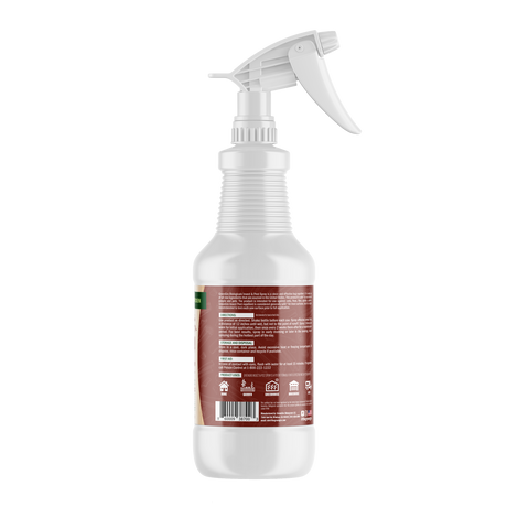 A white plastic trigger spray bottle with a brown label, shown from the back against a plain white background.