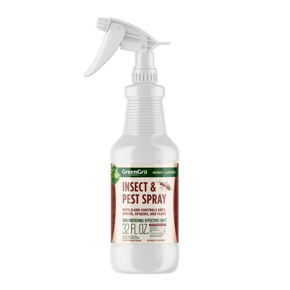 A 32 fl oz trigger spray bottle of GreenGro's Insect & Pest Spray on a solid white background.