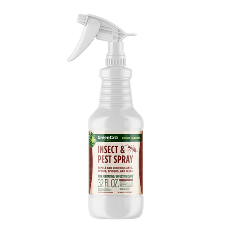 A 32 fl oz trigger spray bottle of GreenGro's Insect & Pest Spray on a solid white background.