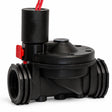 Black mechanical device with red accents on a white background