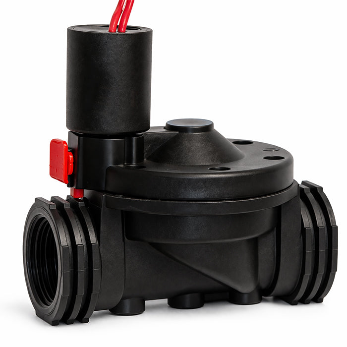 Black mechanical device with red accents on a white background