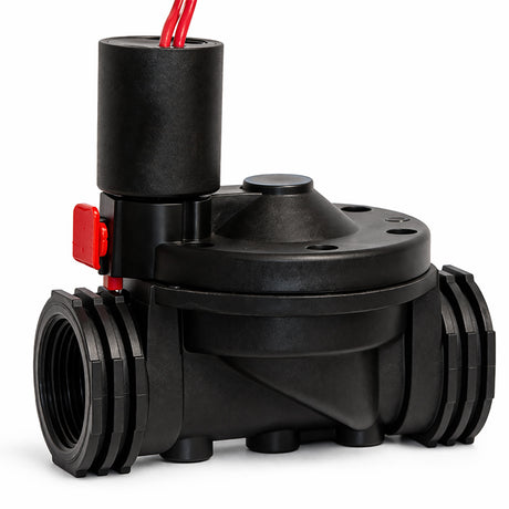 Black mechanical device with red accents on a white background