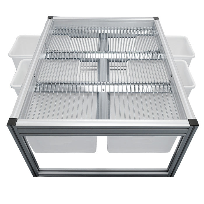 Glass-top birdcage with metal bars on a white background