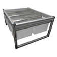 Metal shelving unit with wire mesh top on a white background