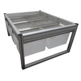 Metal shelving unit with wire mesh top on a white background