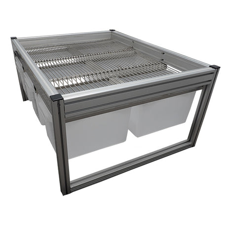 Metal shelving unit with wire mesh top on a white background