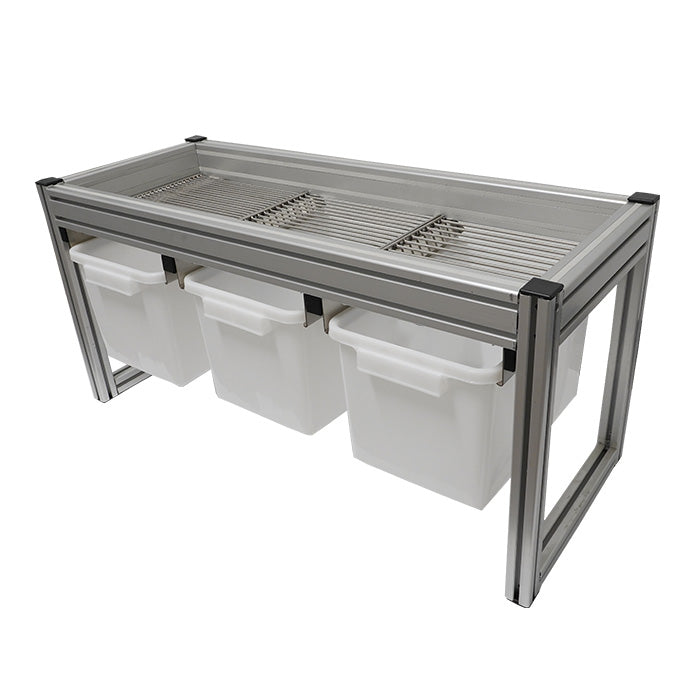 Metal frame with three white storage bins on a white background