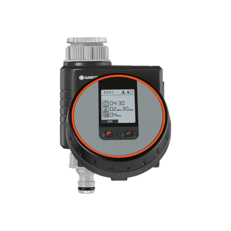 Gardena irrigation control valve with digital display on a transparent background