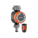 Gardena irrigation timer with two connectors on a green background