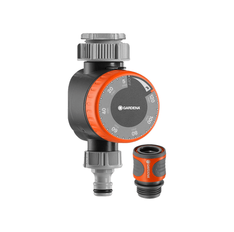 Gardena irrigation timer with two connectors on a green background