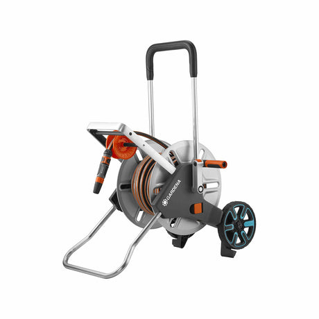 Gardena hose reel with hose on a white background
