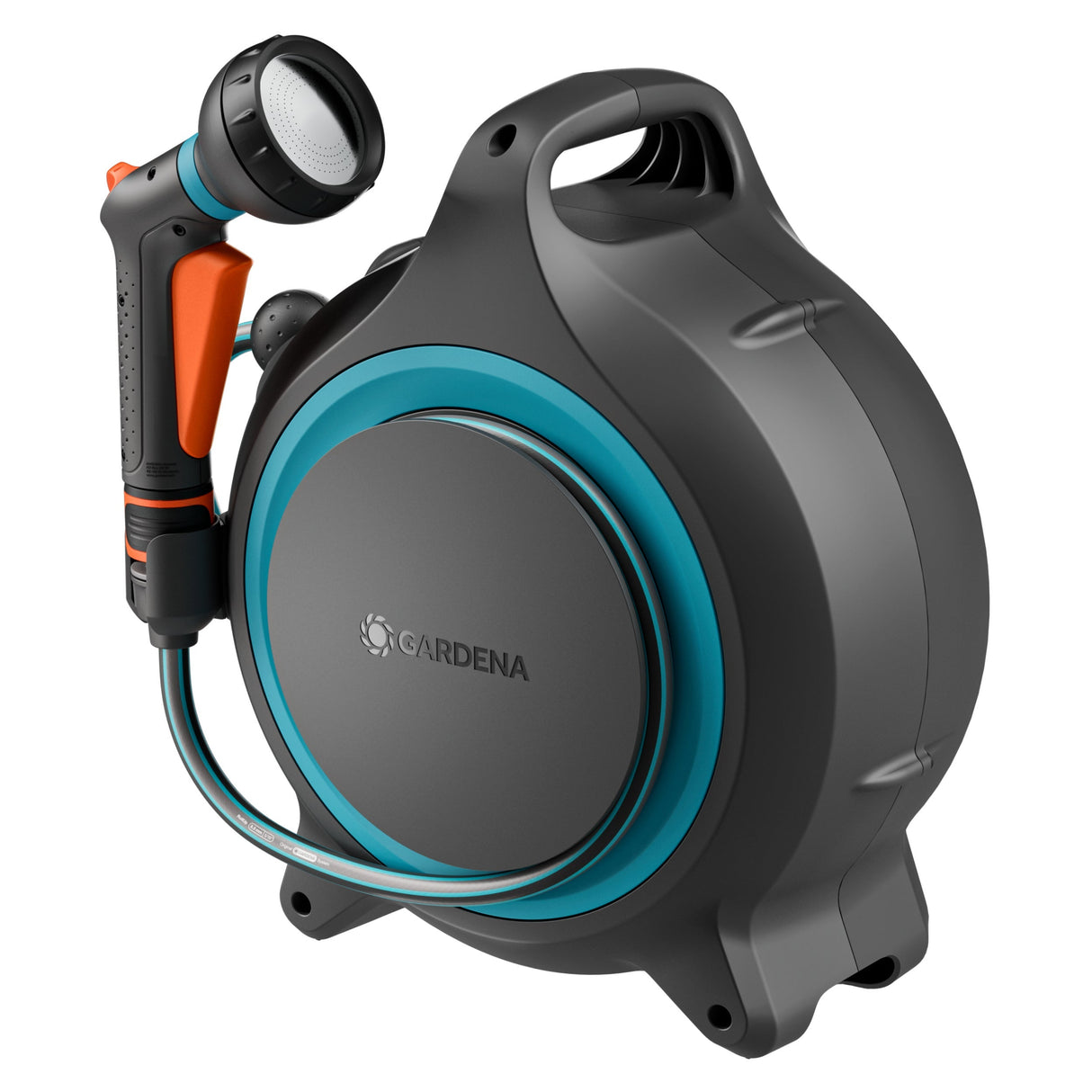 Gardena hose reel with spray nozzle on a white background