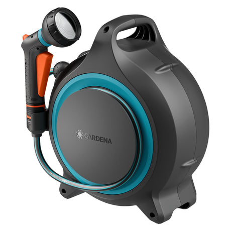 Gardena hose reel with spray nozzle on a white background