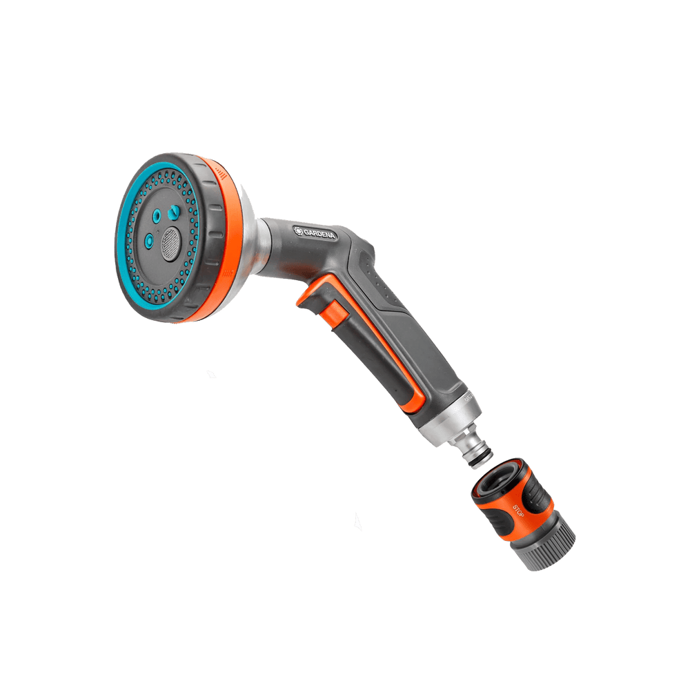 Garden hose nozzle with adjustable spray pattern on a transparent background
