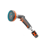 Garden hose nozzle with adjustable spray pattern on a transparent background
