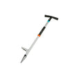 Gardening tool with a long handle and metal head on a white background