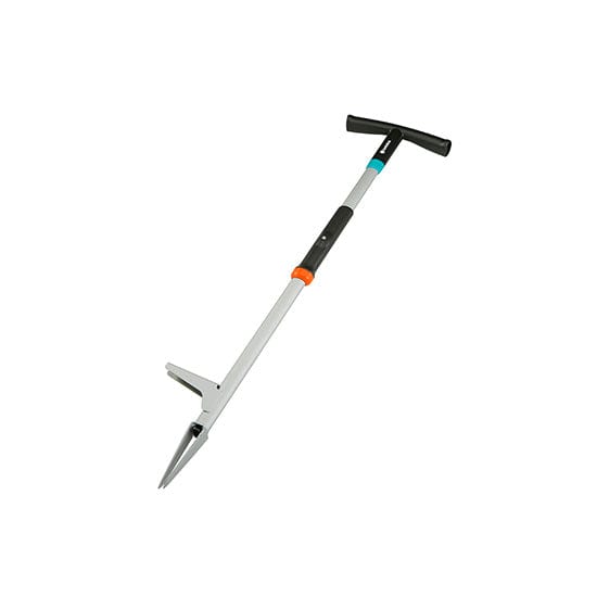 Gardening tool with a long handle and metal head on a white background