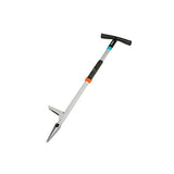 Gardening tool with a long handle and metal head on a white background