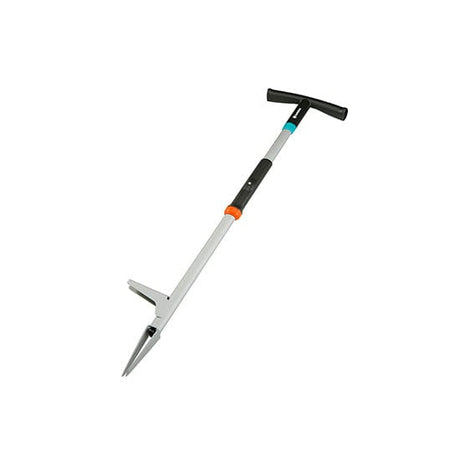 Gardening tool with a long handle and metal head on a white background