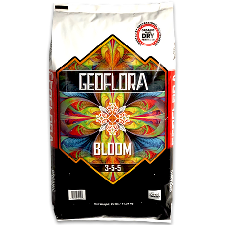Geoflora Bloom fertilizer bag with colorful design on a white background