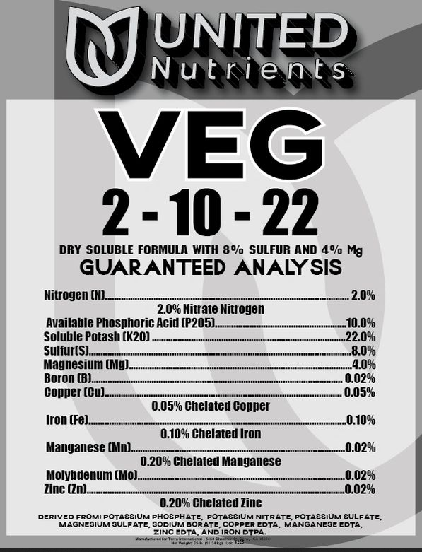 United Nutrients Veg 2-10-22 Water Soluble Fertilizer, 25 lb