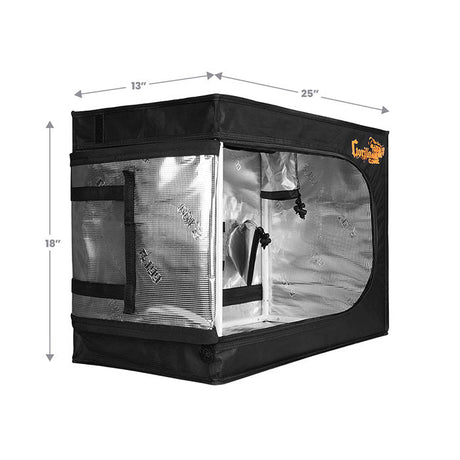 Black grow tent with dimensions labeled on a white background