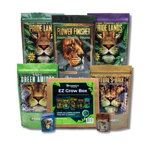 A product bundle of GreenGrow cannabis grow and flower care products, including Pride Lands, Flower Finisher, Green Amino, and EZ Grow Box, arranged on a white background.