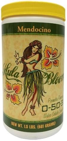 A 1.5 lb white plastic tub of Mendocino Hula Bloom water soluble fertilizer with a yellow lid and a vintage-style hula dancer label.