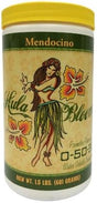 A 1.5 lb white plastic tub of Mendocino Hula Bloom water soluble fertilizer with a yellow lid and a vintage-style hula dancer label.