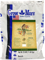 A 25 lb bag of Grow More Hawaii Bloom Hydroponic Plant Food, Batch formula, in white packaging with blue branding and a central tan label featuring a hula dancer illustration.