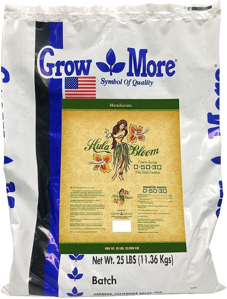 A 25 lb bag of Grow More Hawaii Bloom Hydroponic Plant Food, Batch formula, in white packaging with blue branding and a central tan label featuring a hula dancer illustration.