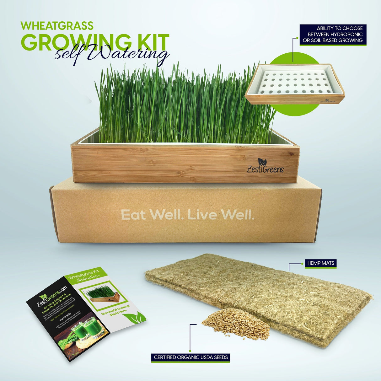 ZestiGreens Organic Self-Watering Wheatgrass Growing Kit – Soil-Free Indoor Grow System