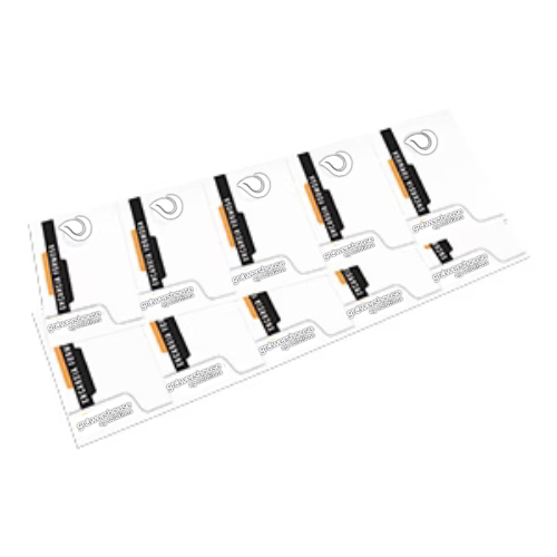 Sheet of black and orange labels with a clear border on a white background