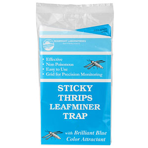Sticky thrips leafminer trap packaging with blue and white design