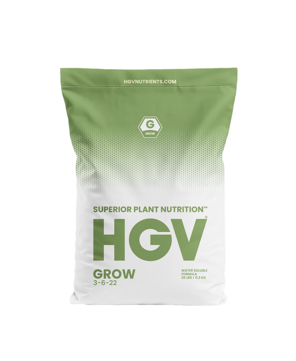 Green and white bag of HGV Superior Plant Nutrition on a white background
