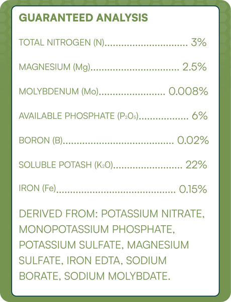 Nutrient analysis label for a fertilizer product with green border and white background.