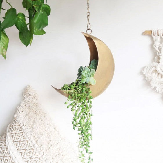 Hanging Metal Moon Planter – Gold Crescent Moon Hanging Plant Pot