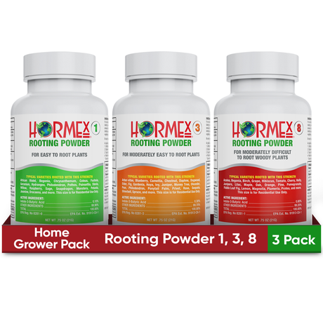 Three bottles of Hormex Rooting Powder in a packaging box on a white background