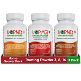 Three bottles of Hormex Rooting Powder in a packaging box on a white background