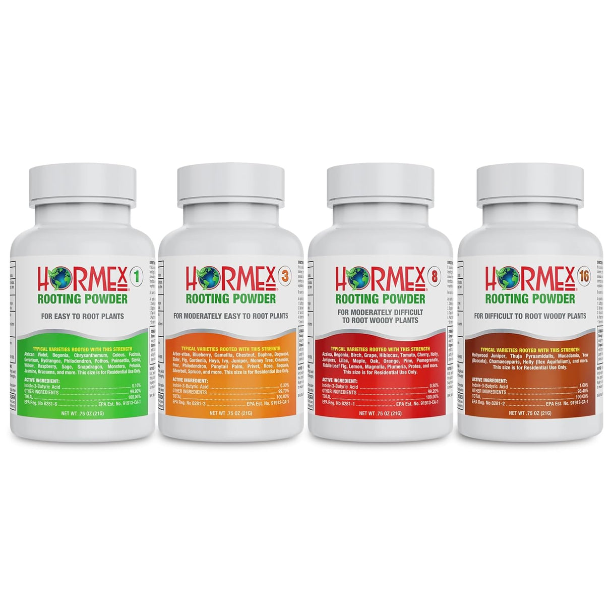 Four bottles of Hormex Rooting Powder on a white background