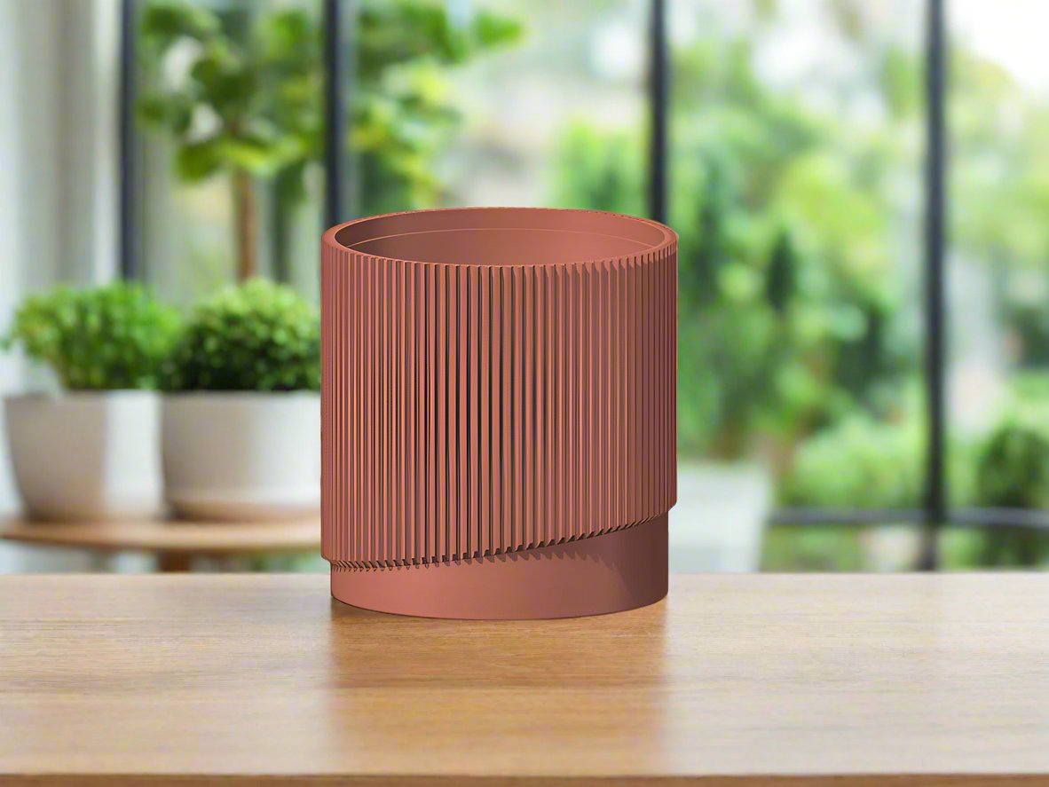 Mid-Century Ribbed 3D Printed Planter with Drainage & Saucer