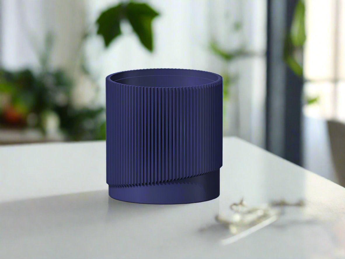 Mid-Century Ribbed 3D Printed Planter with Drainage & Saucer