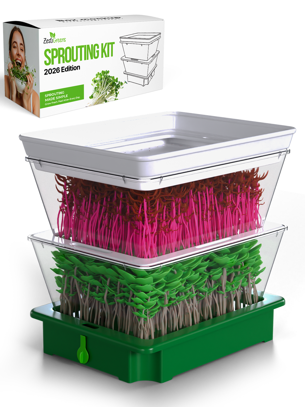 ZestiGreens Tiered Sprouting Kit with Drain Spout – BPA-Free Stackable Seed Sprouter Trays
