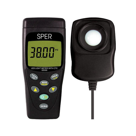 SPER light meter with digital display and light sensor on a white background