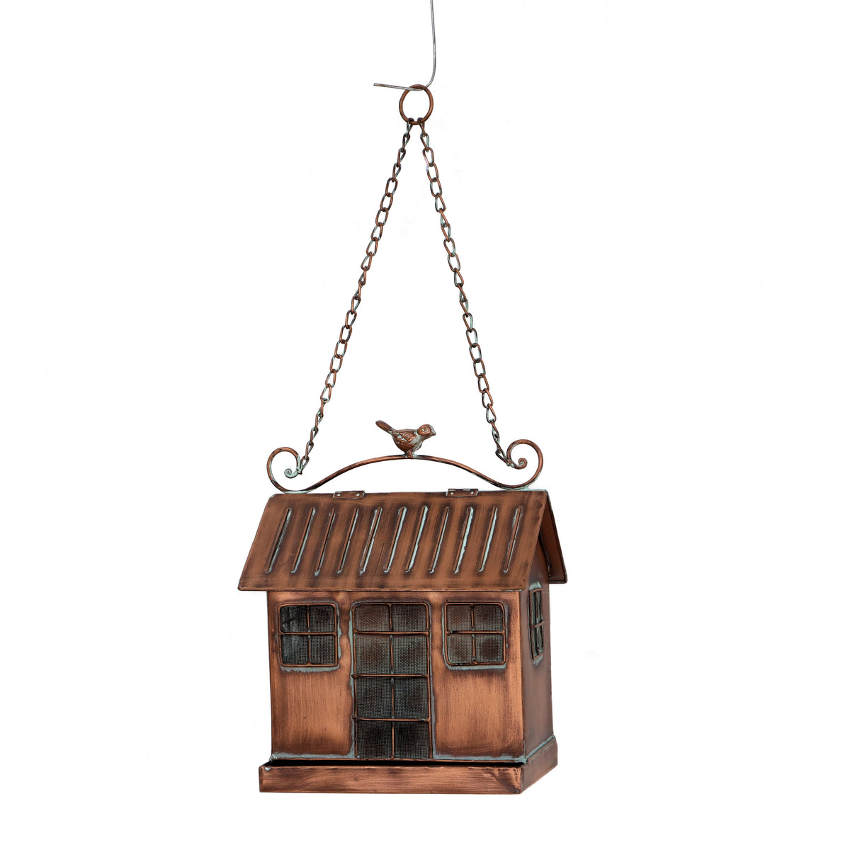A hanging bird feeder shaped like a small rustic house, made of copper-toned metal with a chain and loop at the top, a small bird figure on the roof, and a feeder tray at the bottom, shown on a plain white background.
