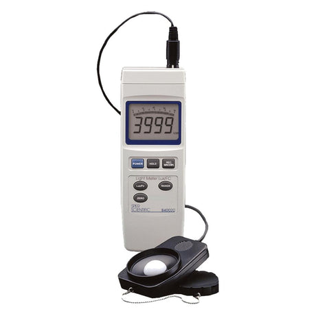 Digital light meter with a probe on a white background