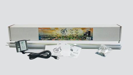 LED light bar with packaging, power adapter, and user manual on a white background